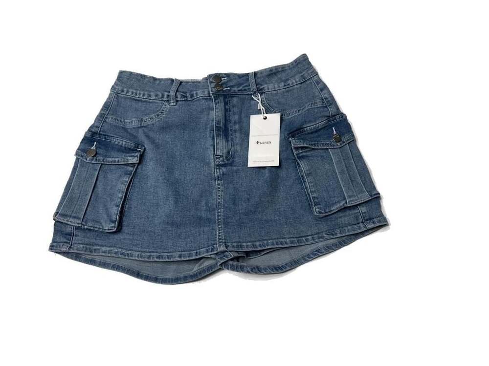 ELEVEN Women High Waisted Med Wash Denim Cargo Skort with Flap Pockets-L